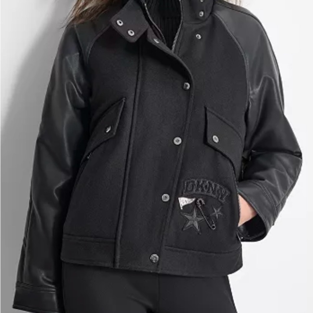 DKNY Black Varsity Jacket with Leather Sleeves